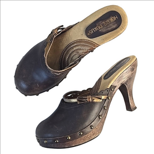 Vintage 90s Y2K Hokus Pokus Bowie Brown Leather Studded Platform Wood He…